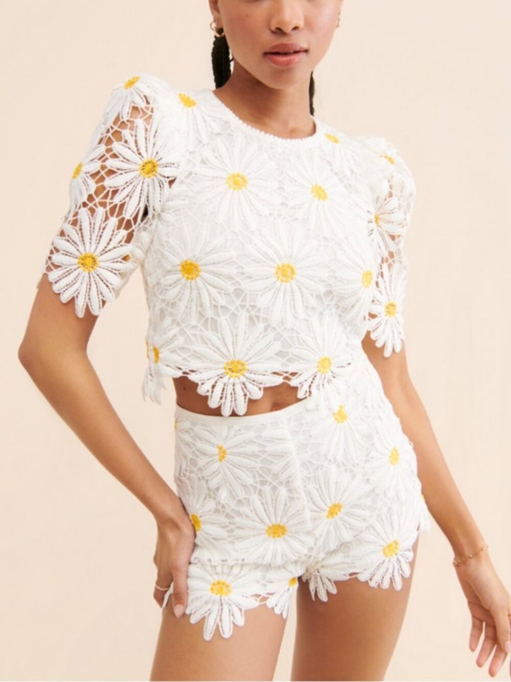 SAYLOR Morgana Daisy Lace Puff Sleeve Crop Top White Yellow XS